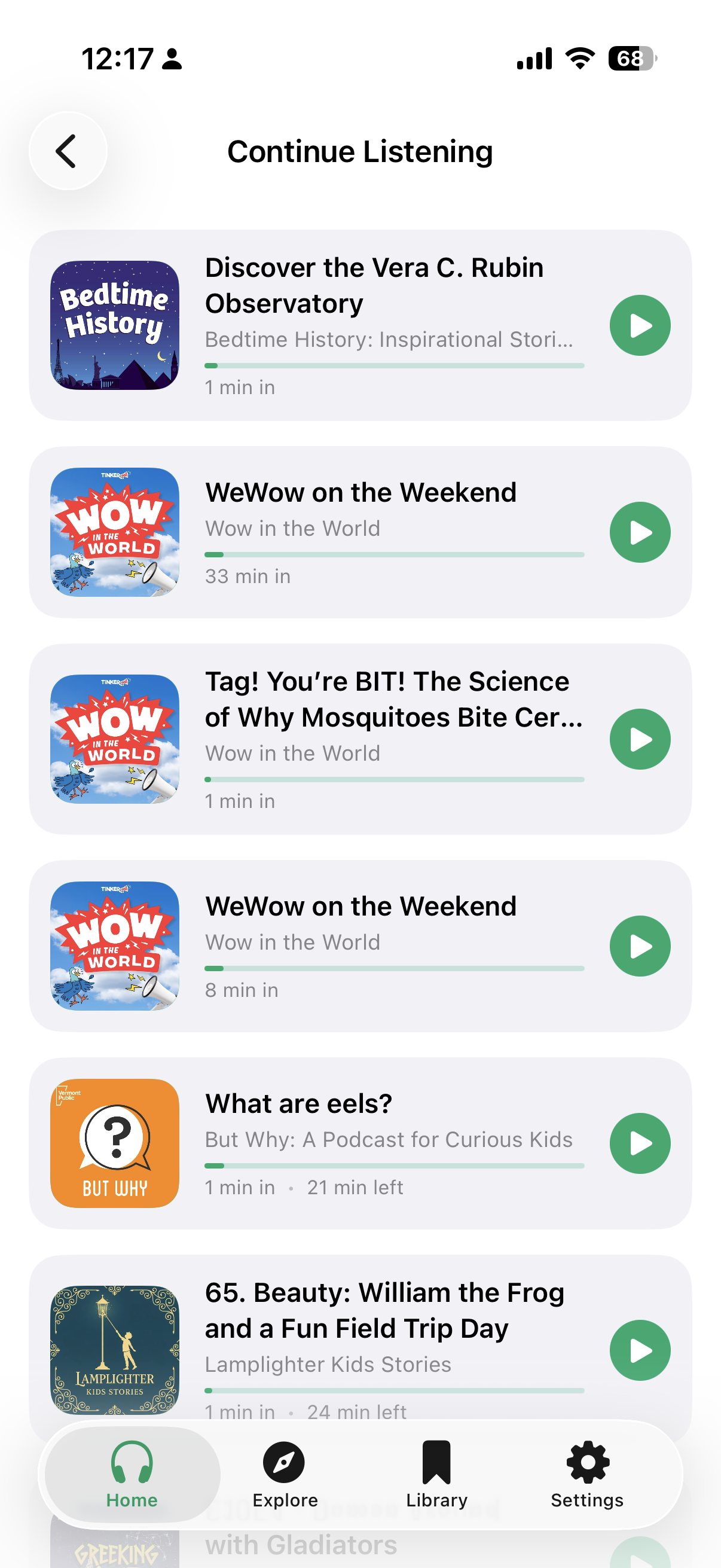 PodFocus Continue Listening list showing episodes resumed exactly where they paused