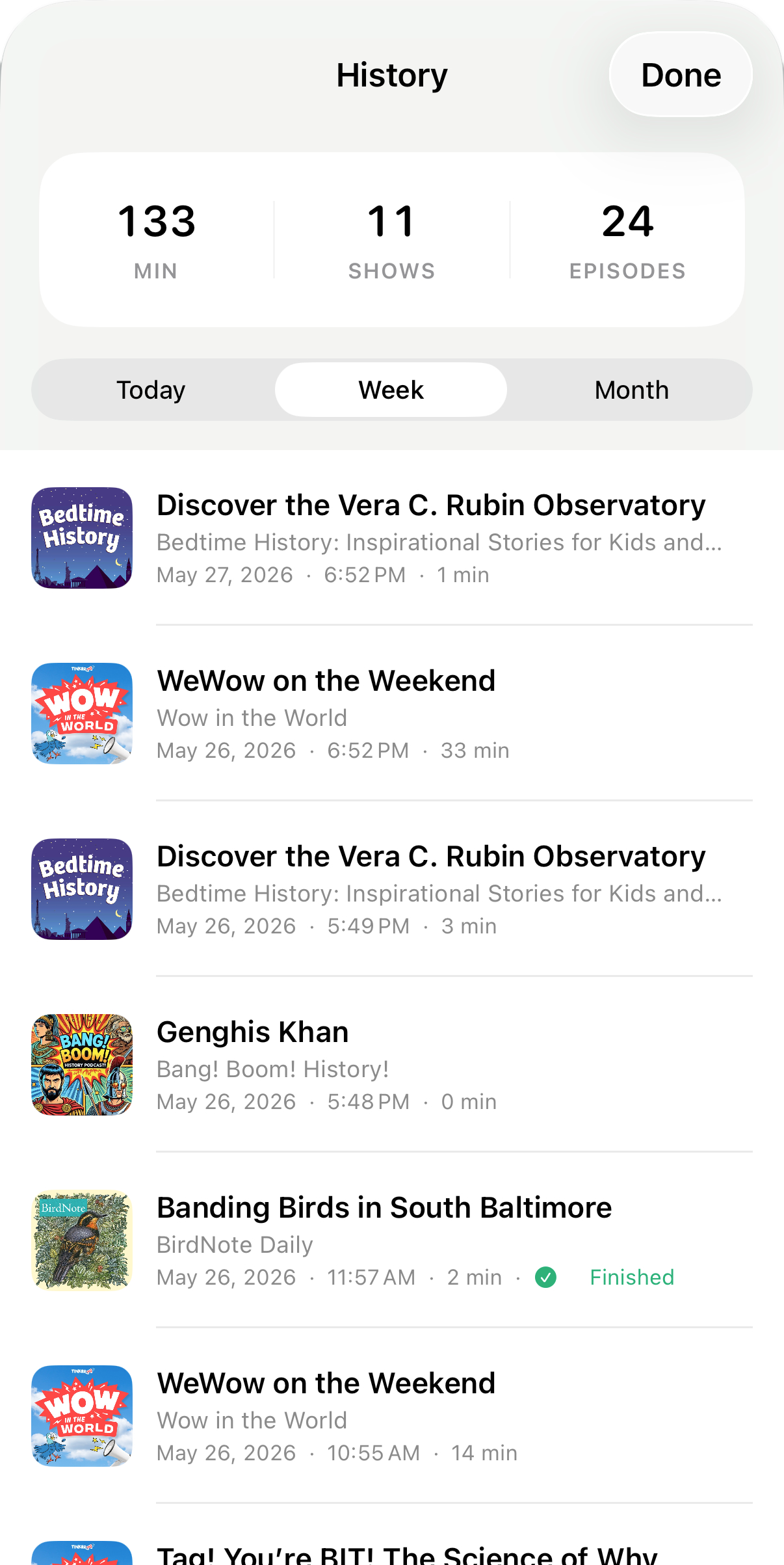 PodFocus listening history showing minutes, shows, and episodes for today