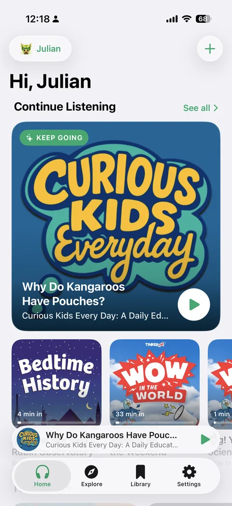 A kid's Home tab in PodFocus with a Continue Listening card
