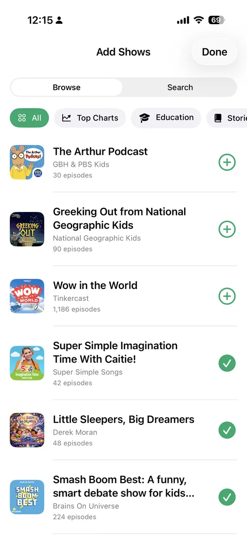 The parent's Add Shows browser with the curated kid-safe catalog