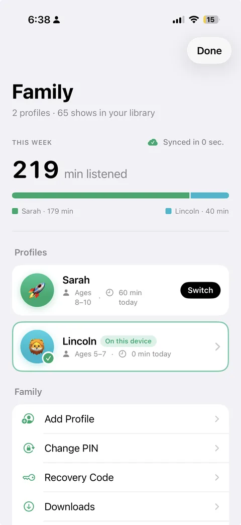 The Parent Zone: the week's listening split by child, each profile's daily limit, and the PIN and recovery-code controls